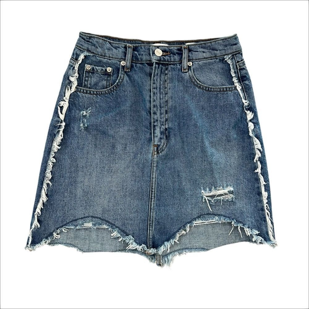 Zara Denim Distressed Asymmetrical Hem Mini Skirt